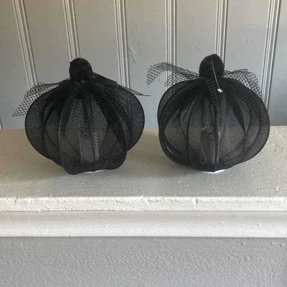 NWT- 2- Elegant Black Lace Covered Light Up LED Halloween Pumpkin Decorations